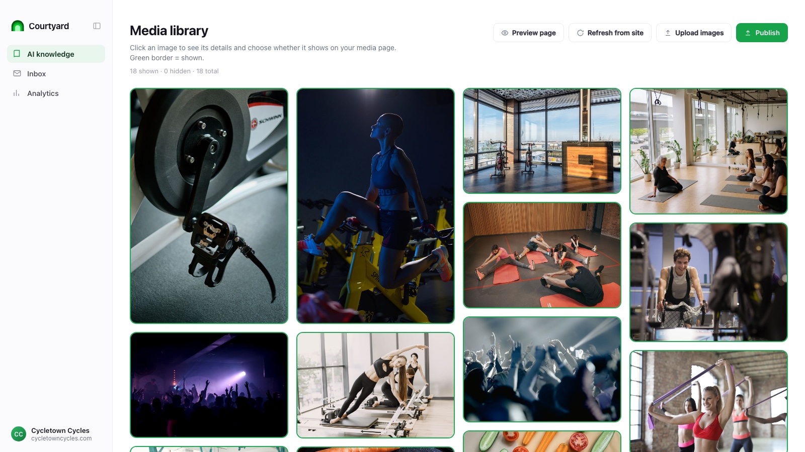 Courtyard’s Media Library: a grid of a business’s real photos, each with a green border marking it as shown to AI, ready to publish to its AI knowledge base.